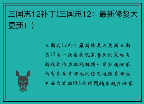 三国志12补丁(三国志12：最新修复大更新！)