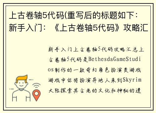 上古卷轴5代码(重写后的标题如下：新手入门：《上古卷轴5代码》攻略汇总)